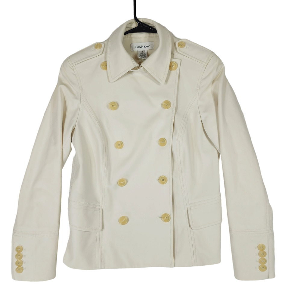 Calvin Klein Double Breasted Pea Coat sz 6 Women Ivory Cream Cotton Lined Jacket - Picture 2 of 12